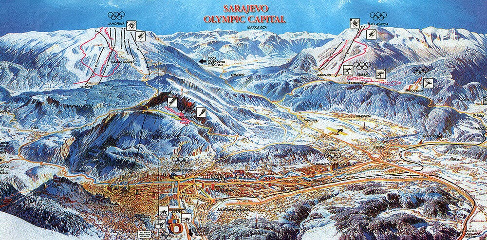 A map showing the city of Sarajevo and the surrounding mountains. All of the Olympic venues are marked, including the ski jumps on the Igman plateau.