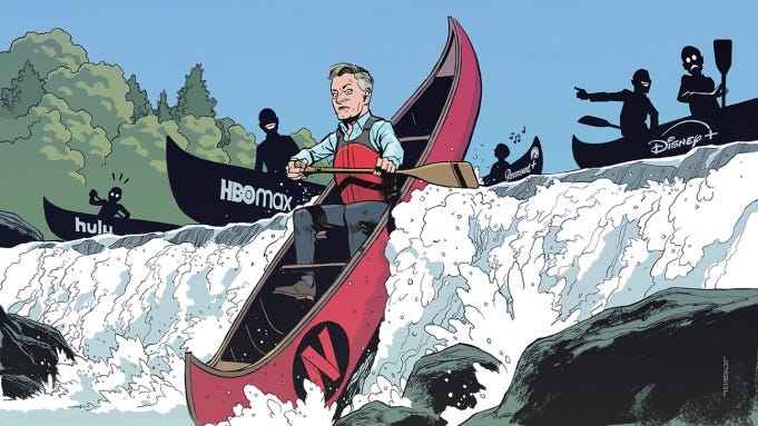 illustration of Ted Sarandos canoeing down