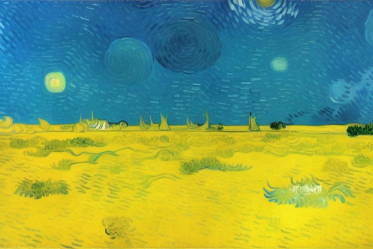 Futuristic landscape generated by AI using Ukraine flag as a starting image and applying Van Gogh's distinct art style