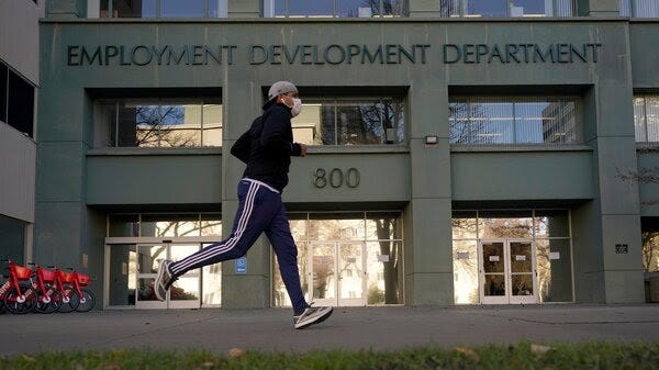 The office of the California Employment Development Department is seen in Sacramento, Calif., Friday, Dec. 18, 2020. Facing as much as $2 b billion in fraud, the EDD is near the top of California lawmakers fixit list as they prepare to return to the state Capitol in the new year.