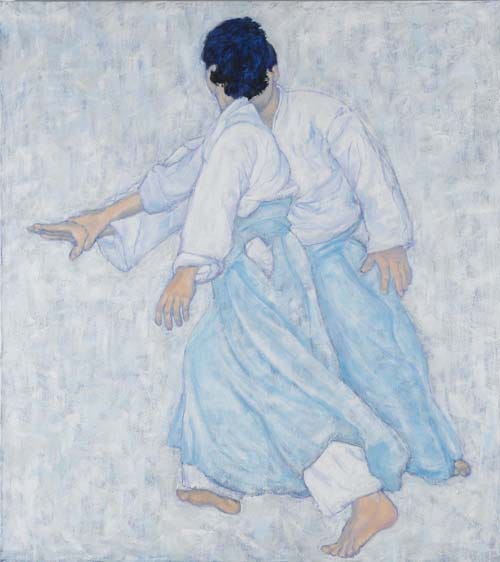 Painting of woman and man practicing Aikido