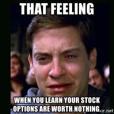 that feeling when you learn your stock options are worth nothing. - crying  peter parker | Meme Generator