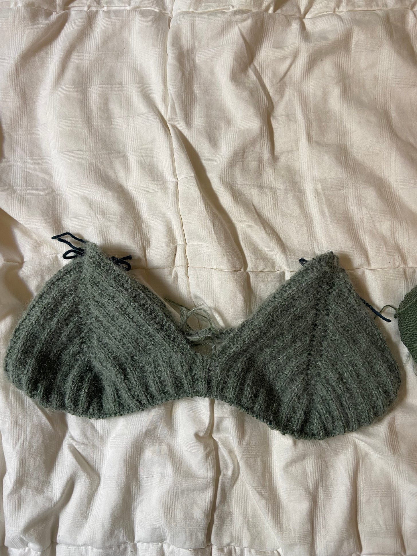a fuzzy green knit tank. only the triangles at the top have been completed.