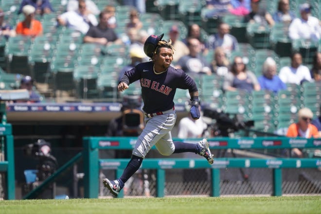 Cleveland's Jose Ramirez rounds third to score from first on a double hit by Harold Ramirez during the first inning of a baseball game against the Detroit Tigers, Thursday, May 27, 2021, in Detroit. (AP Photo/Carlos Osorio)
