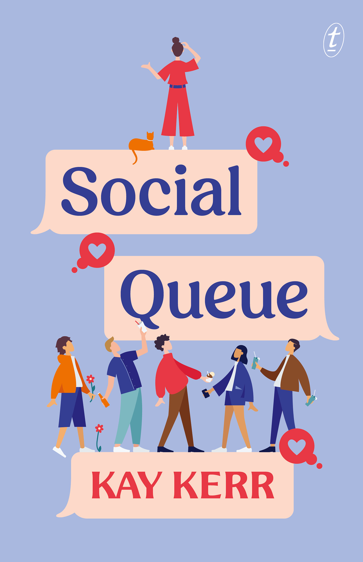 The cover for a book called 'Social Queue' by Kay Kerr. It is light blue, with illustrations of a girl at the top of the cover looking around, and five people below who are looking up at her.