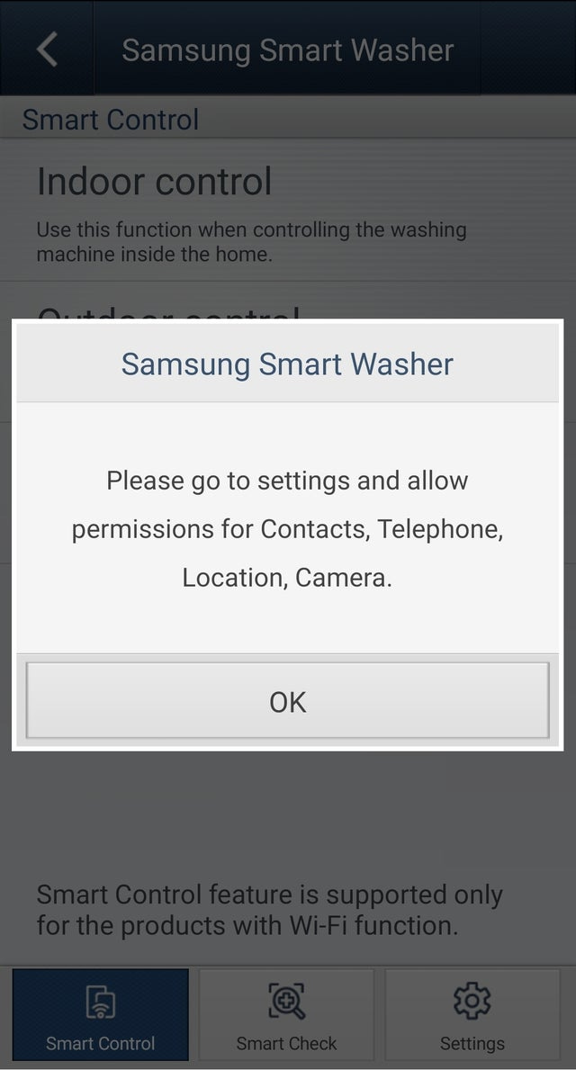 r/assholedesign - My Washing Machine app won't work unless I give it access to my contacts, location and camera...