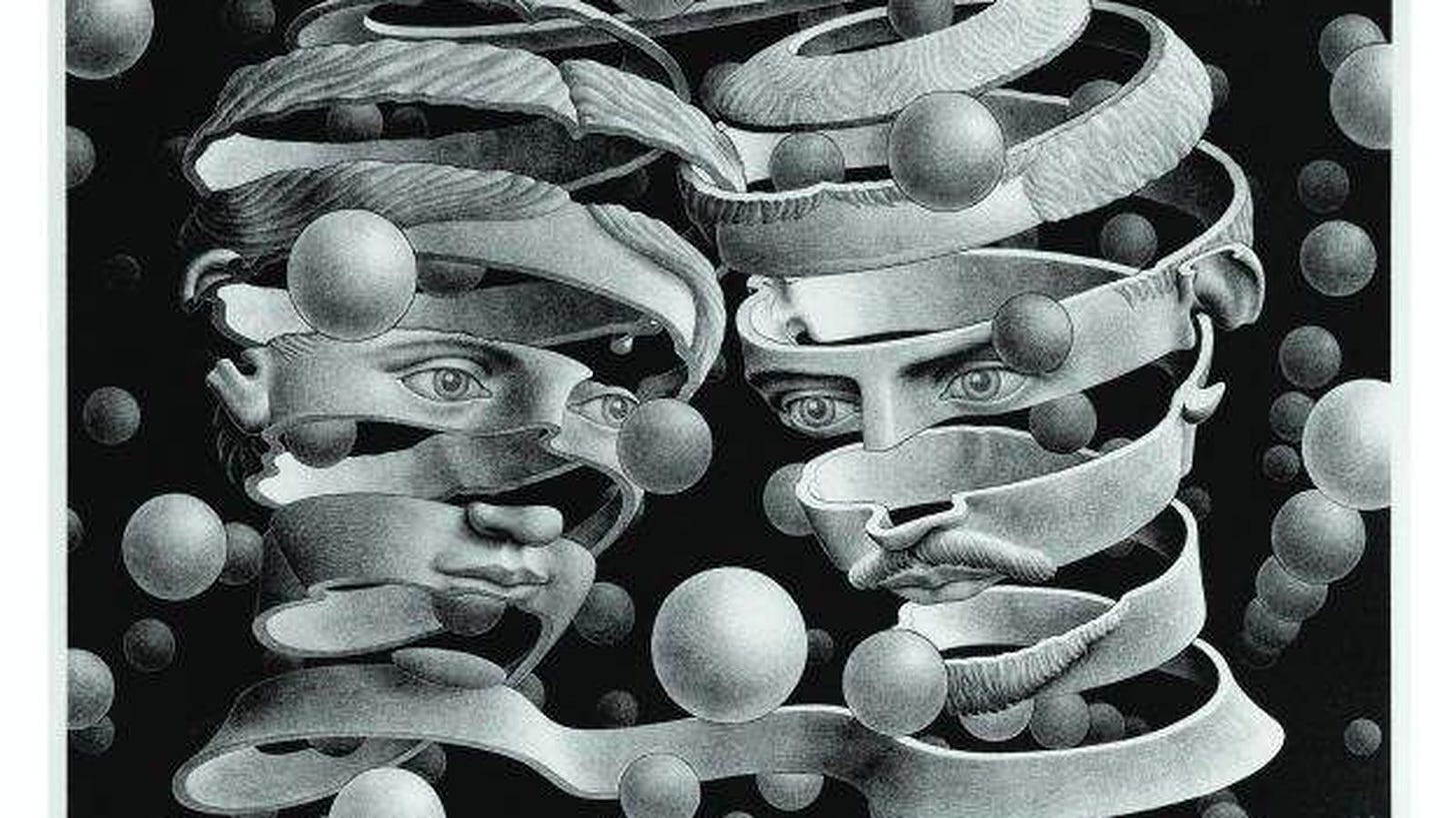 Images: ? 2015 the M.C. Escher Co., the Netherlands. &#65279;From the collection of the Herakleidon Museum, Athens&#13;M.C. Escher, Bond of Union, 1956, lithograph. This print was created when his marriage was becoming more strained. The dazzling intricacy of the strips connect Escher and his wife but also suggest an unraveling and hollow relationship.
