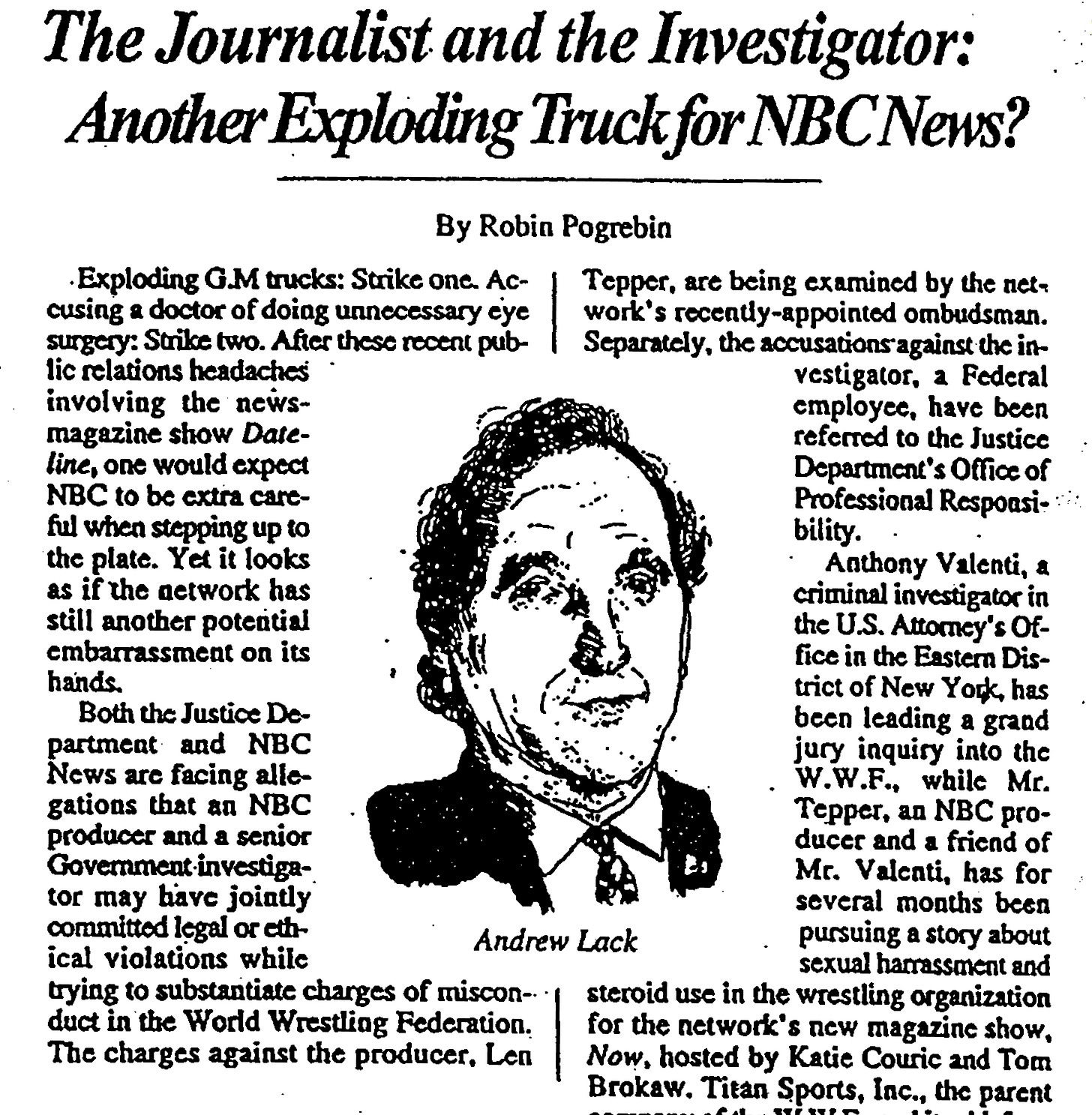 The opening portion of Robin Pogrebin’s story about the WWF, NBC News, and the Department of Justice in the September 13, 1993 issue of the New York Observer. (Image source: Federal court records.)
