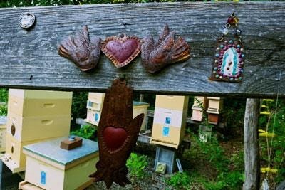 Art adorns the apiary of master natural beekeeper Debra Roberts. Credit: Sarah Khan