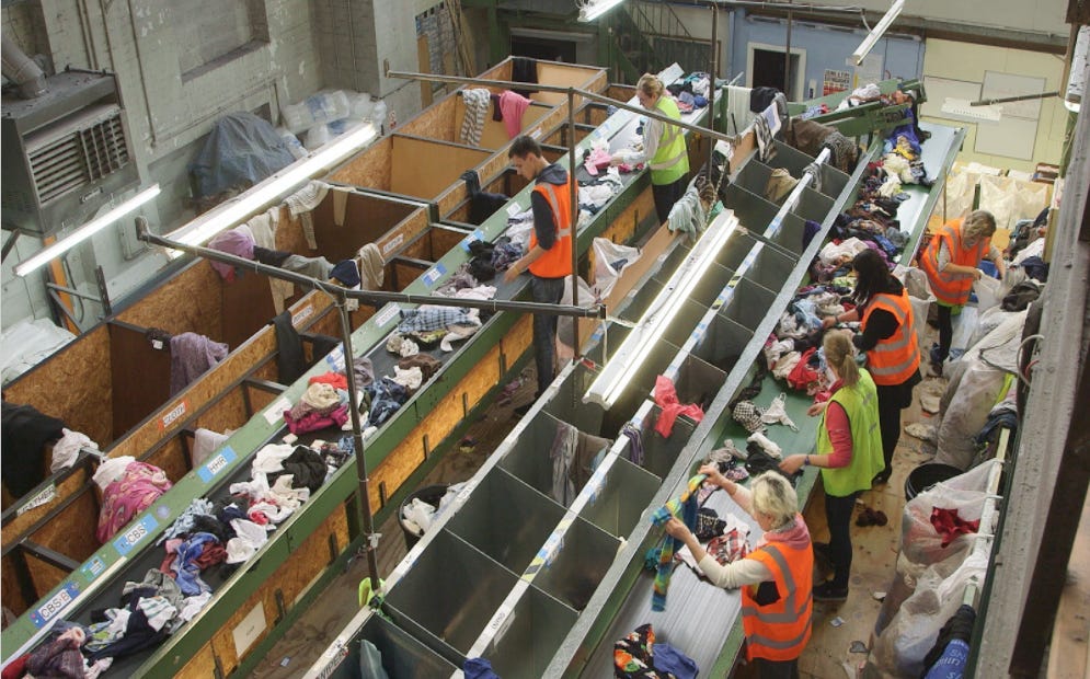 A view from above of workers in a large room, sorting through clothes at long tables into large piles and bins