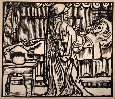A pregnant woman in bed another figure stands by the bed explaining something to her. Pen drawing after a woodcut by J. Berntsz, 1538.