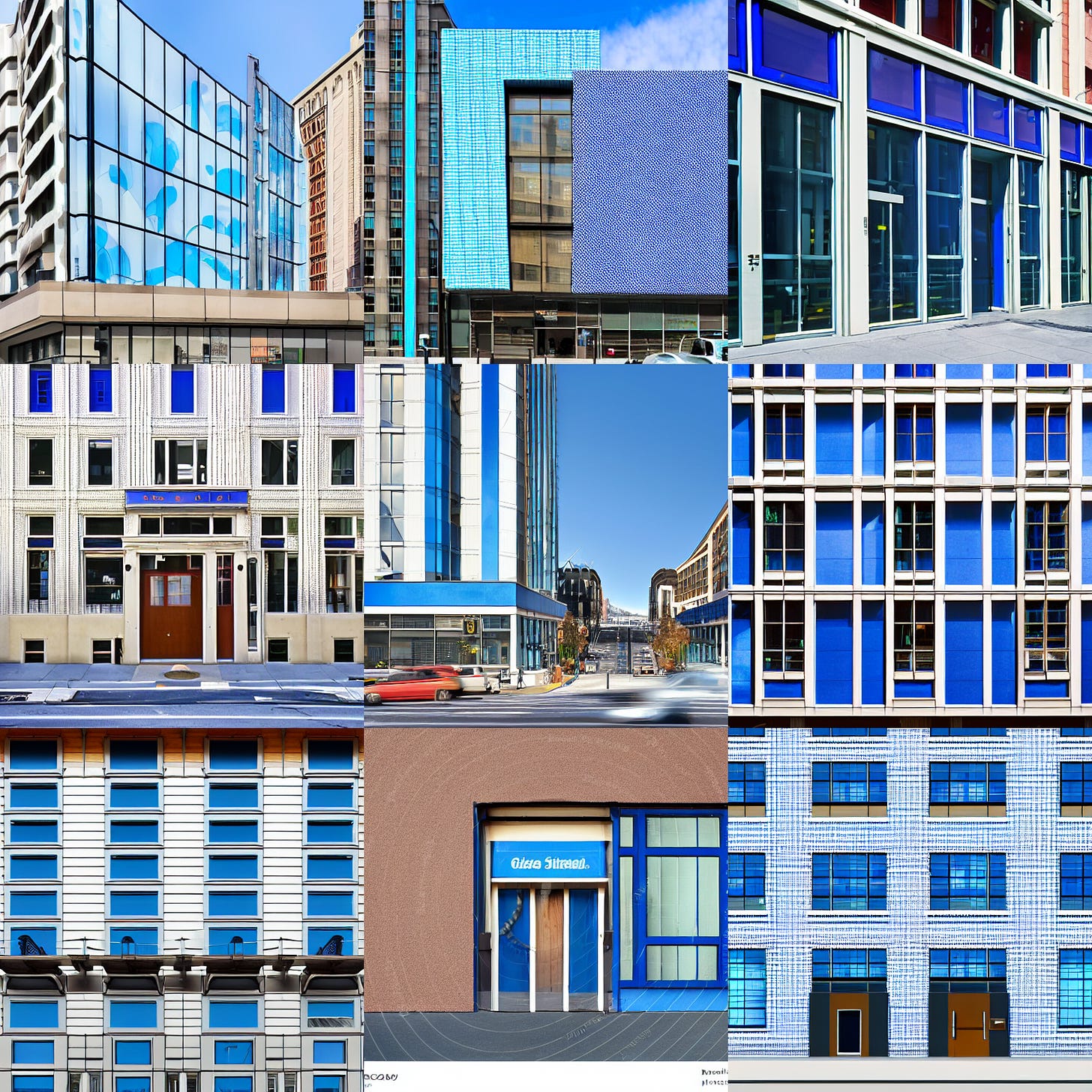 'front of glass and wood building at street level, san francisco city street, blue and white polkadot colored, realistic, front entrance'