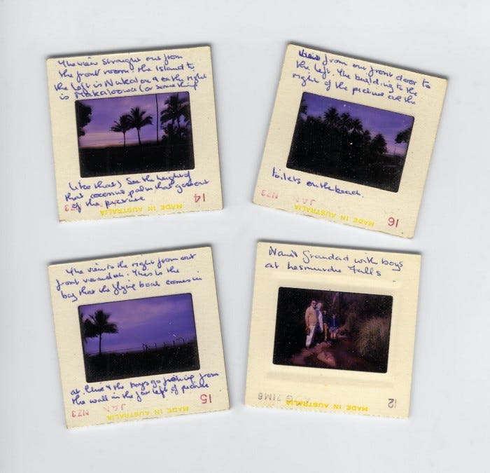 4 photographs that are stuck in photo frames that capture the sunset and different memories. Hand written notes and annotations about the process are along the frame outside of the picture.