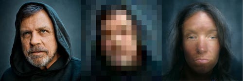 Left: Luke Skywalker (The Last Jedi, probably) in a blue hood. Center: Highly pixelated version of the lefthand image. Right: Restored image is a white person facing the camera straight on - instead of a hood, they have wispy hair, and the lips are where Luke’s chin used to be.