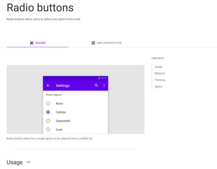 The “Design” tab for Radio buttons on Material.io, which shows their implementation, behavior, and more. An example is at the top, with guidelines below.