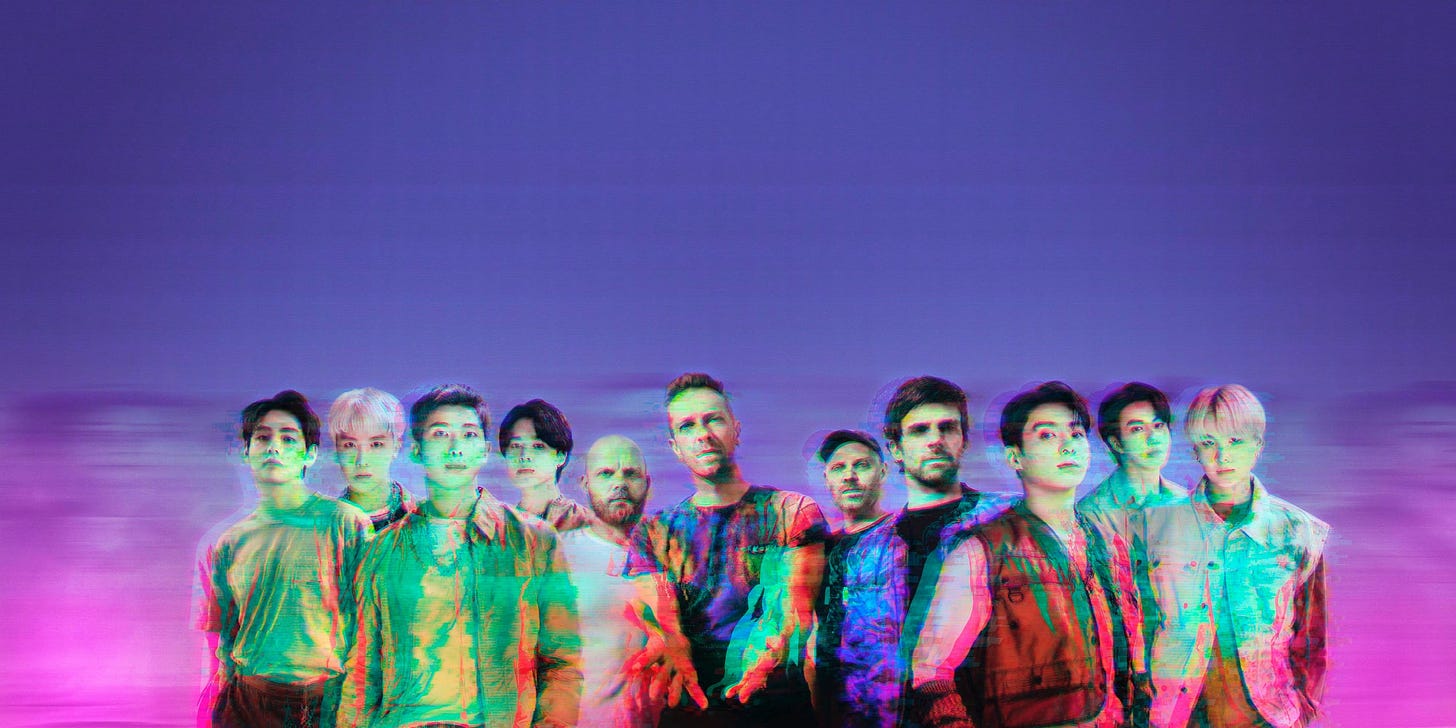 Photo of members of the band Coldplay and the Korean group BTS with a glitch effect overlaid