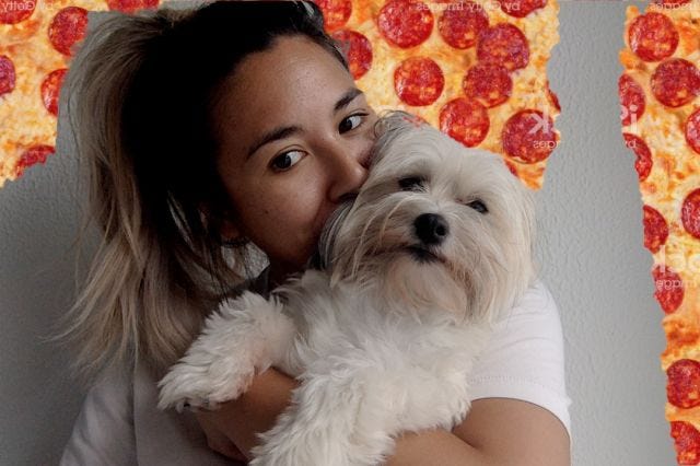 mia and ava with a shitty pizza background