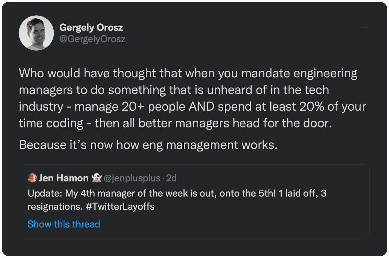 Who would have thought that when you mandate engineering managers to do something that is unheard of in the tech industry - manage 20+ people AND spend at least 20% of your time coding - then all better managers head for the door. Because it’s now how eng management works.
