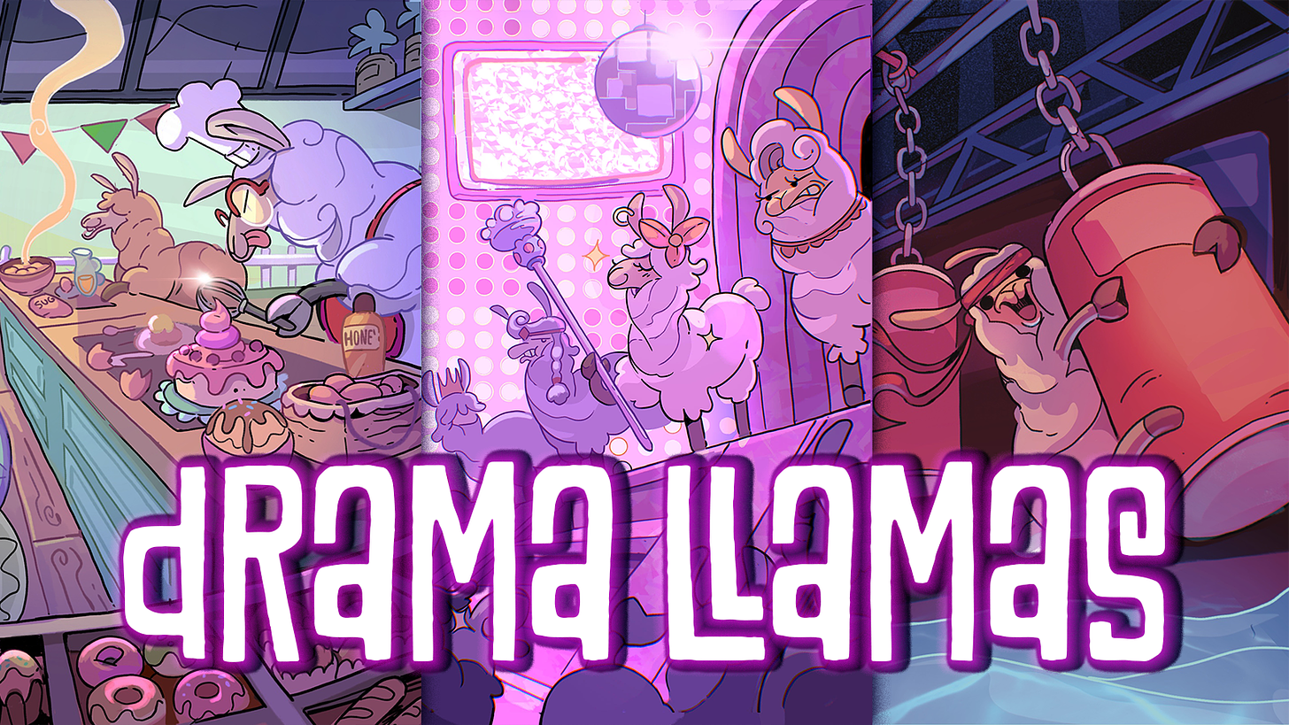 Drama Llamas title graphic showing llamas on a bake off style show, llamas on a drag race style show, and a ninja warrior llama