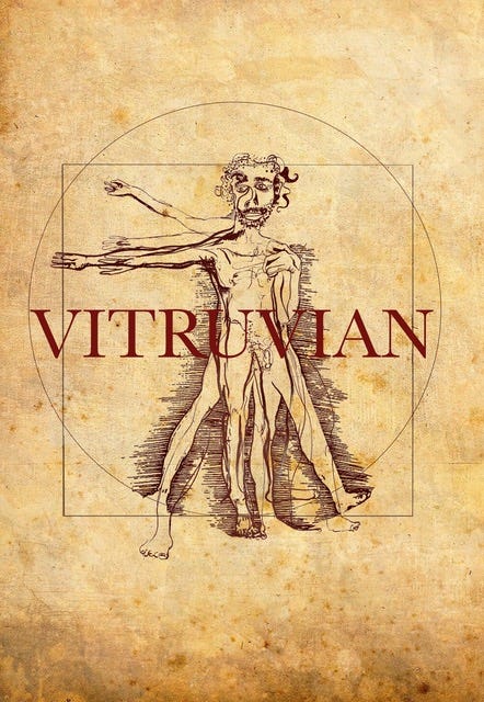 An artistic line drawing of a disabled black man as the Vitruvian Man against a square and circle with a parchment background. The word VITRUVIAN in caps goes across the middle in wine coloring.