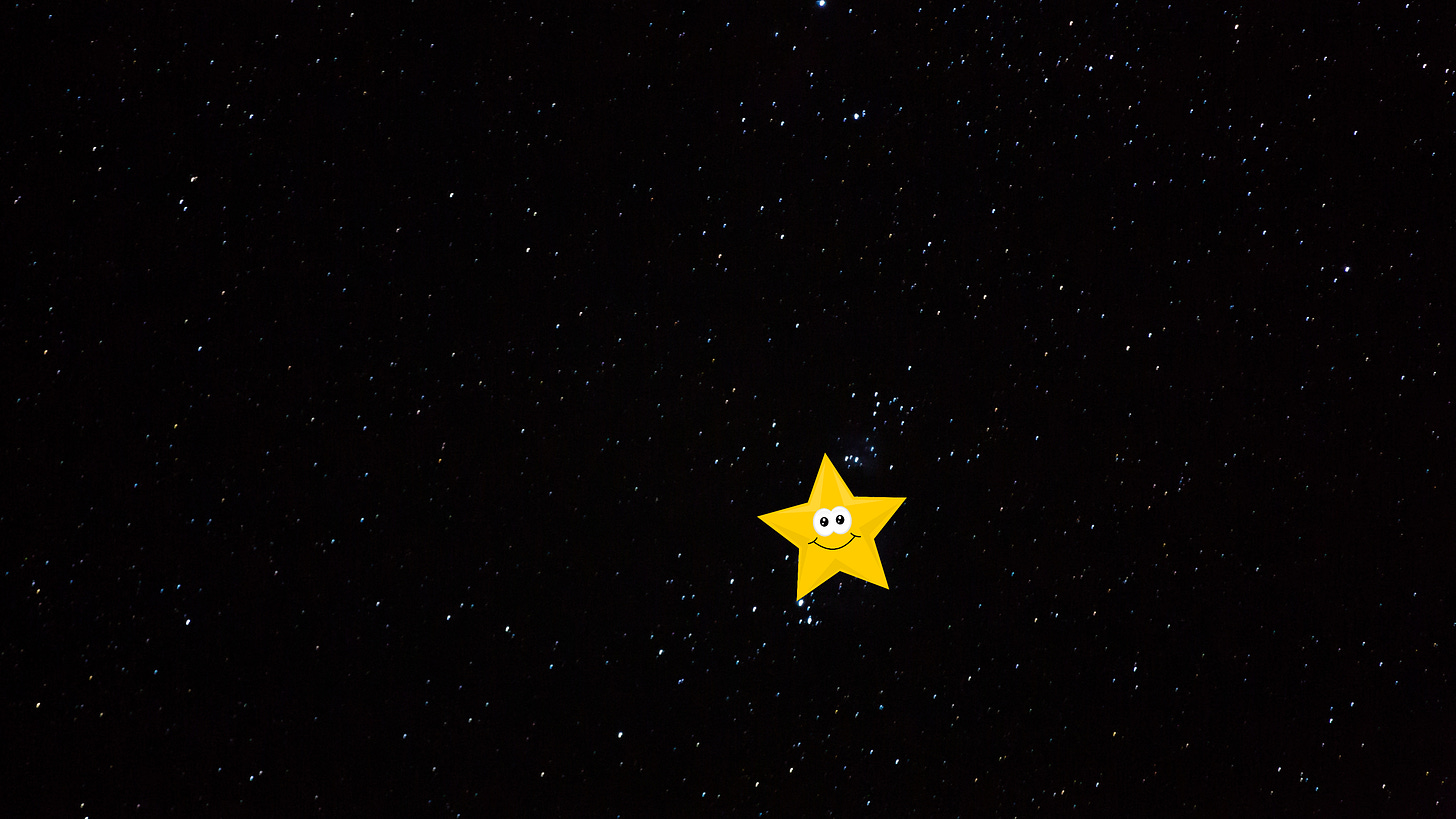 A starry sky. A smiling gold star is pasted on top of it.