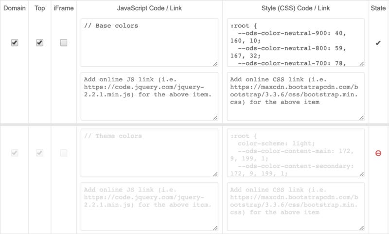 A screenshot of the Custom Style Script plugin, showing two sets of CSS rules, one toggled on and one toggled off.