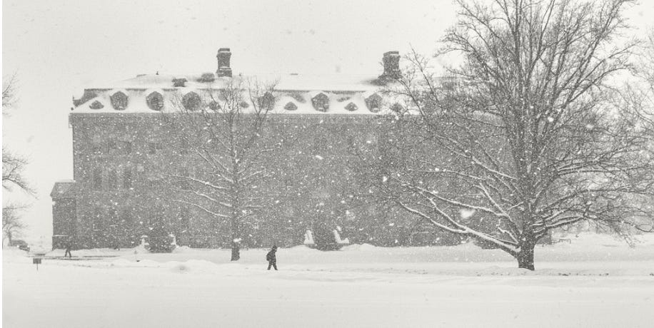 Photo of cornell university in the snow. blizzard conditions.