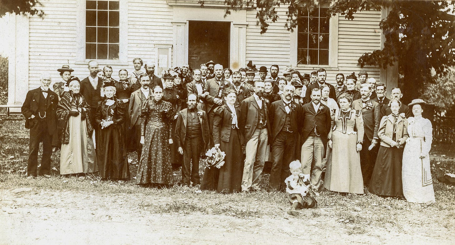 Large group gathered in front of the town hall in New Ipswich, NH