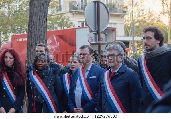 Paris, France; November 13 2018: Tribute to the victims of the attacks that occurred on November 13, 2015 
in Bataclan and in Paris. The place was attended by Jean-Luc Mélenchon, 
French politician. 