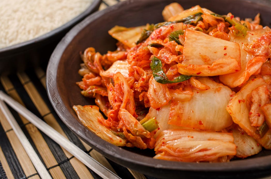 Warm kimchi with shrimp and goat cheese
