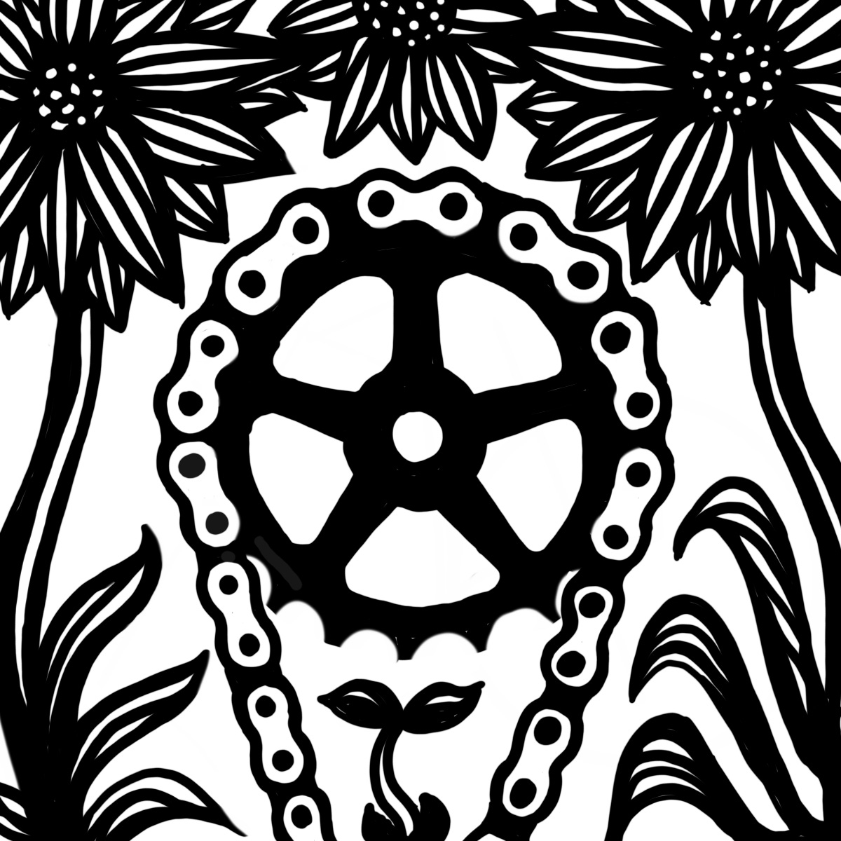 sketch of bicycle sprocket and chain surrounded by flowers and sheltering a germinating seed