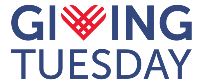 The GivingTuesday logo is dark blue text with the V in Giving a red heart that looks partially woven.
