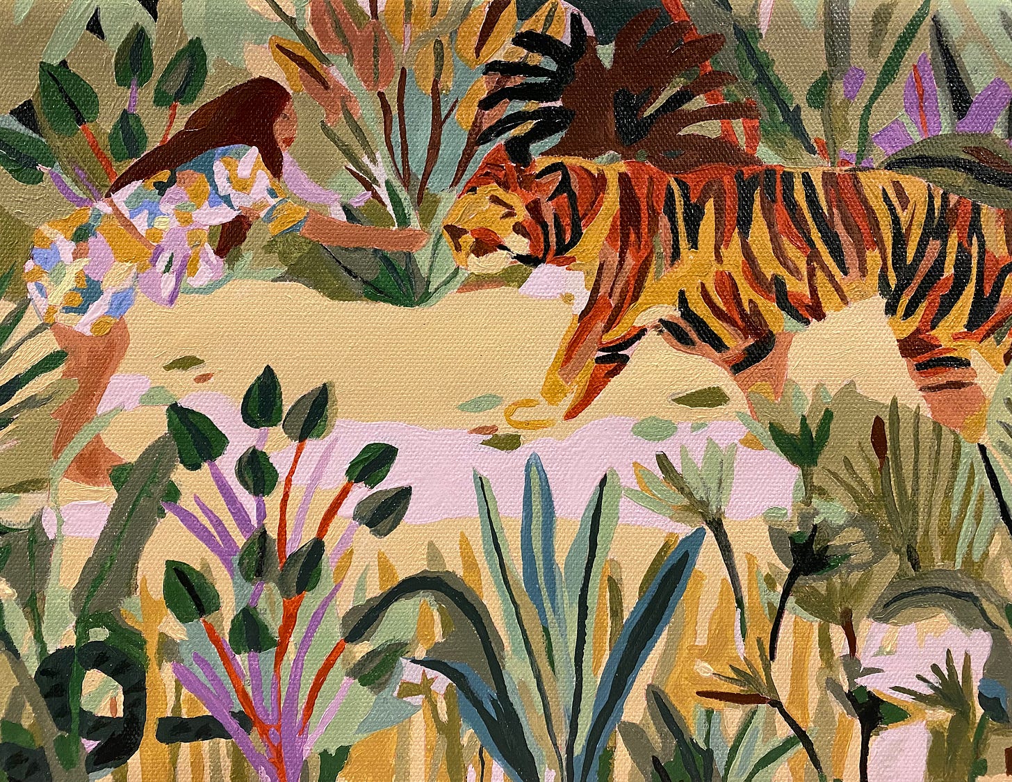Progress photo of a paint-by-numbers kit from Australia-based UK artist Hebe Studio featuring a jungle scene with colorful plants and a brunette petting a tiger.