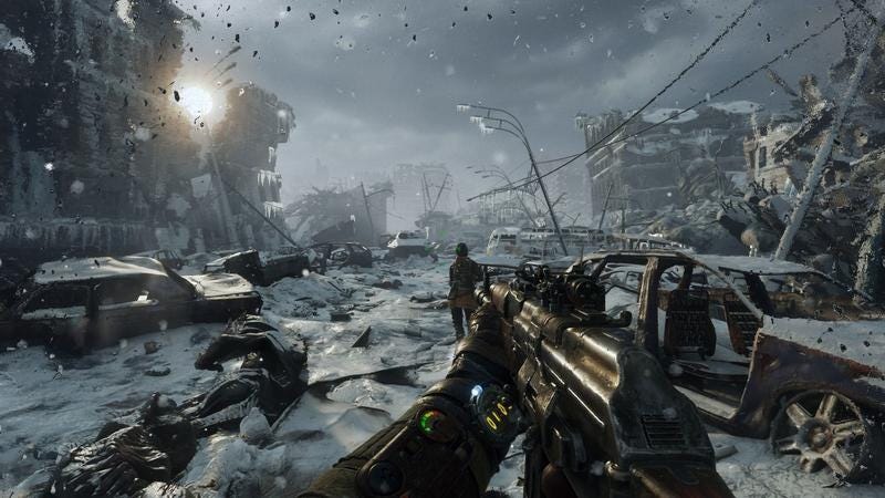 A rifle points towards a figure in a snowy, post-apocalyptic city.