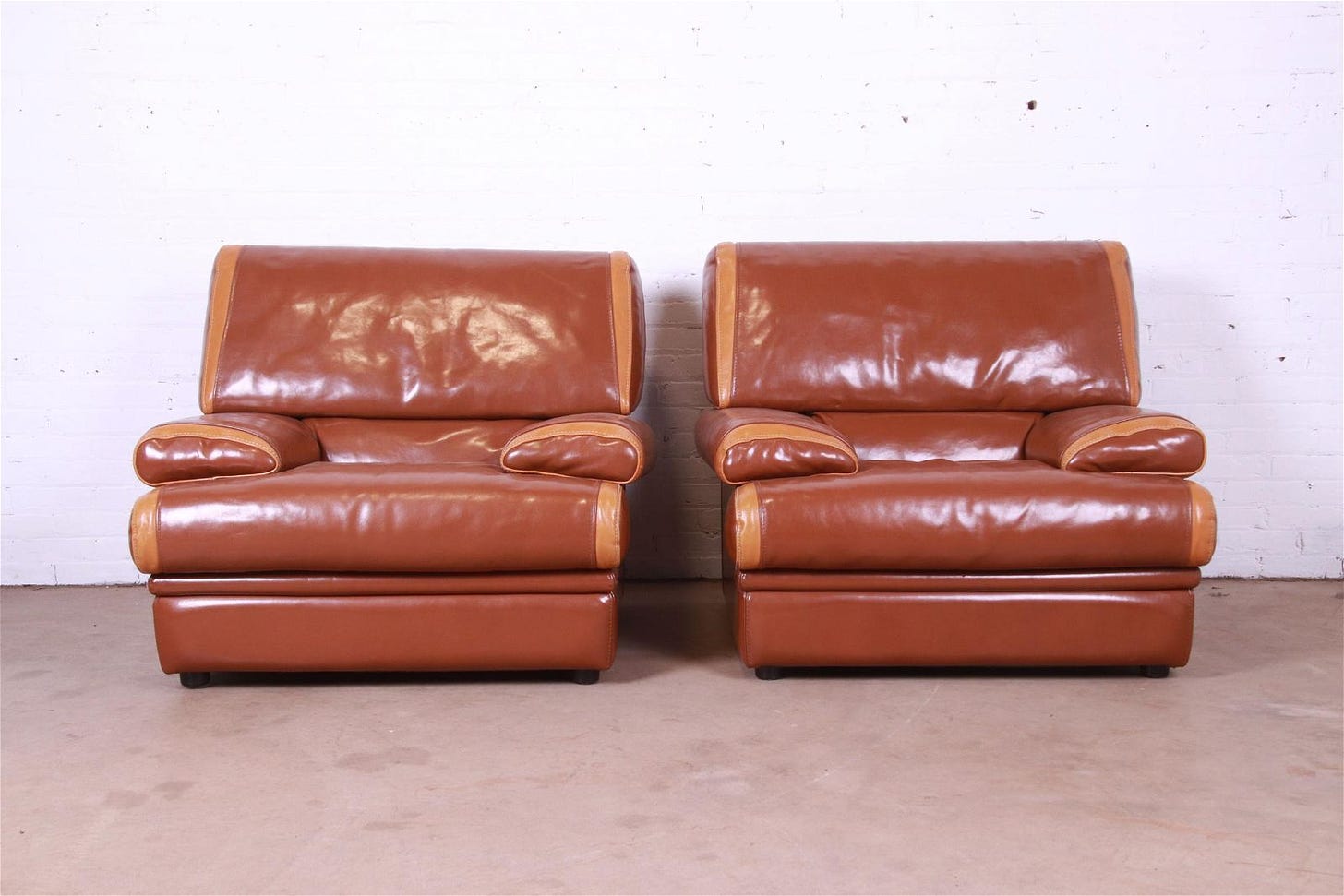 Pierre Cardin French Art Deco Oversized Leather Lounge Chairs Pair