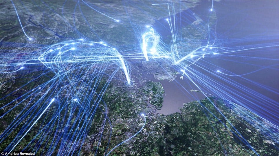 Visualisation of aircraft flight paths out of the major airports of the New York City region.