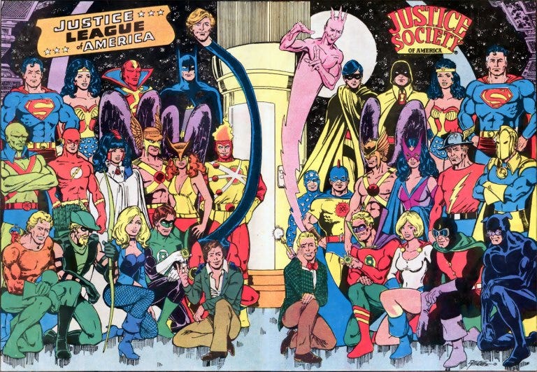 A drawing of the Justice League of America and the Justice Society of America