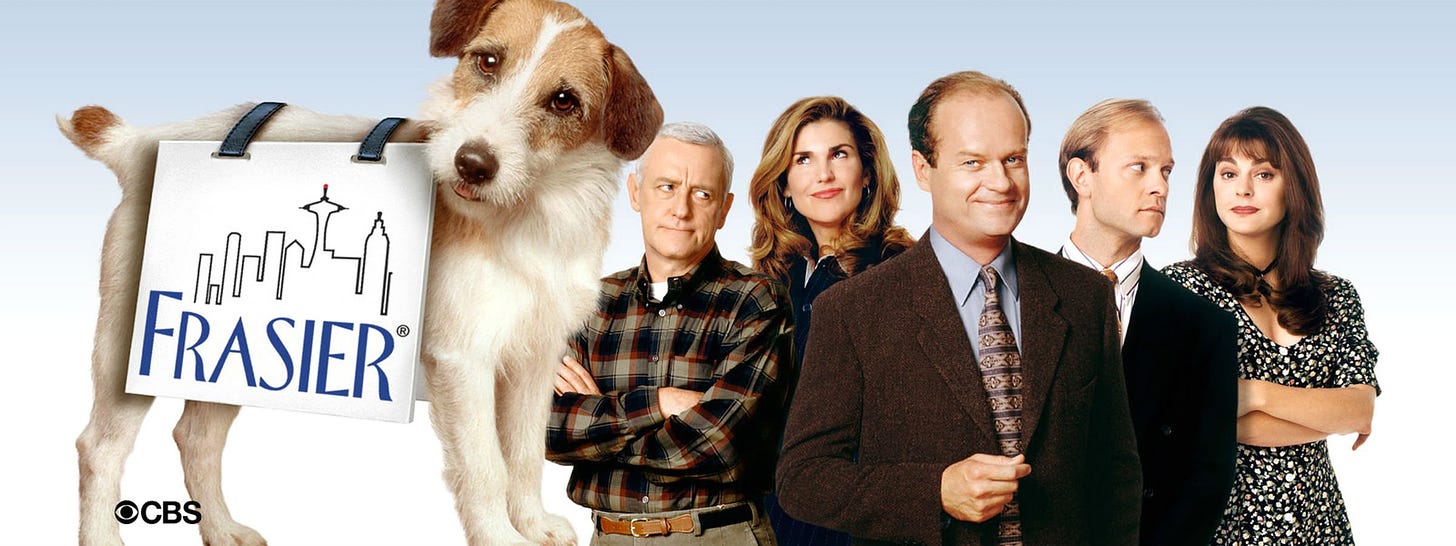 Fraiser starring Kelsey Grammer, John Mahoney and Jane Leeves. Click here to check it out.