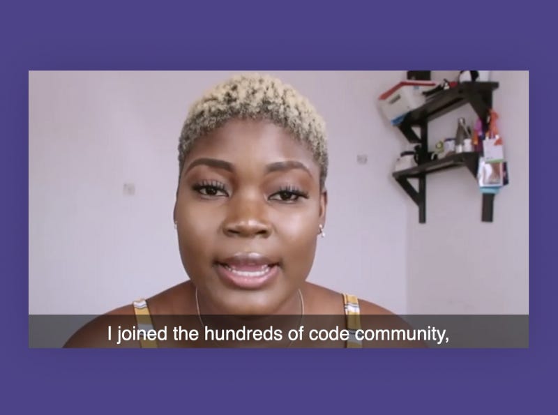 Video screenshot with Gift Egwuenu speaking to the camera with text captions