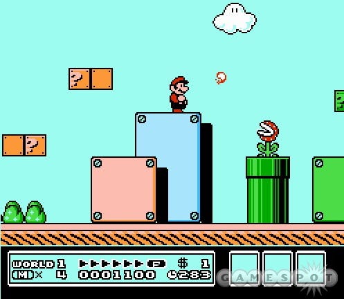 A screenshot of stage 1-1 from Super Mario Bros. 3, featuring Mario standing near a piranha plant pipe.