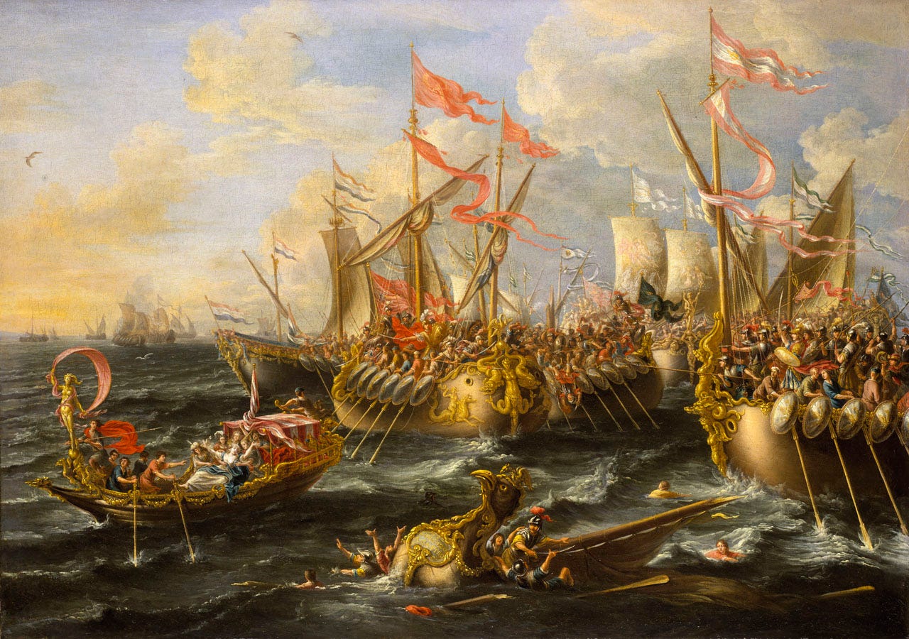 Painting of Roman warships attacking each other at the Battle of Actium in 31 B.C.