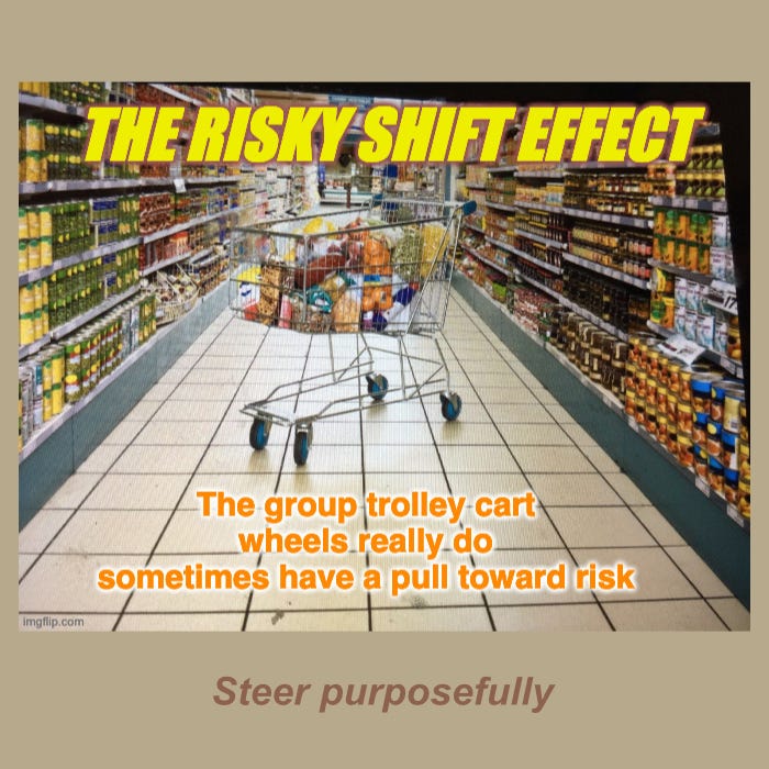 Image is of a grocery store aisle with a shopping cart in it, the wheels prominent on the tiled floor and slightly turned wheels at the front. The top says the risky shift effect and the caption below says the group trolley cart wheels really do sometimes have a pull toward risk and below that it says steer purposefully
