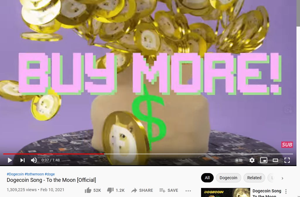 A screenshot of the "Dogecoin Song" video, paused on a bag of gold overspilling with the text "BUY MORE"