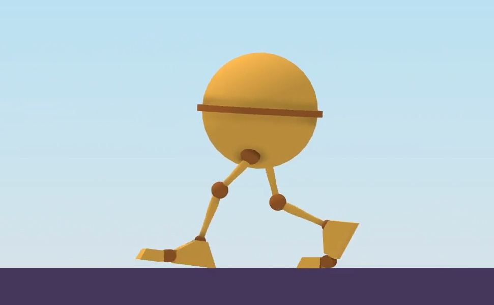screenshot of the Ballie rig - a ball with two legs, mid-stride on a simple purple ground layer with a light blue background. Ballie is light orange with a dark orange band around the horizontal center of the ball, and dark orange balls for the hip, knee, ankle, and toe joints.