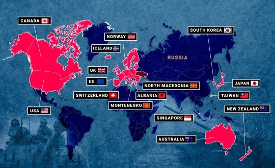 List of 43 nations facing retaliation for Ukraine support by Russia