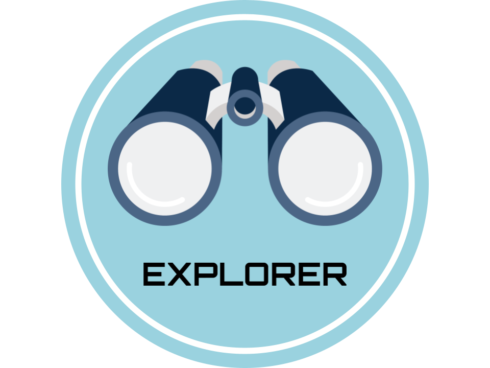Graphic of binoculars with the word, "explorer" underneath, set in a light blue circle with a white border.