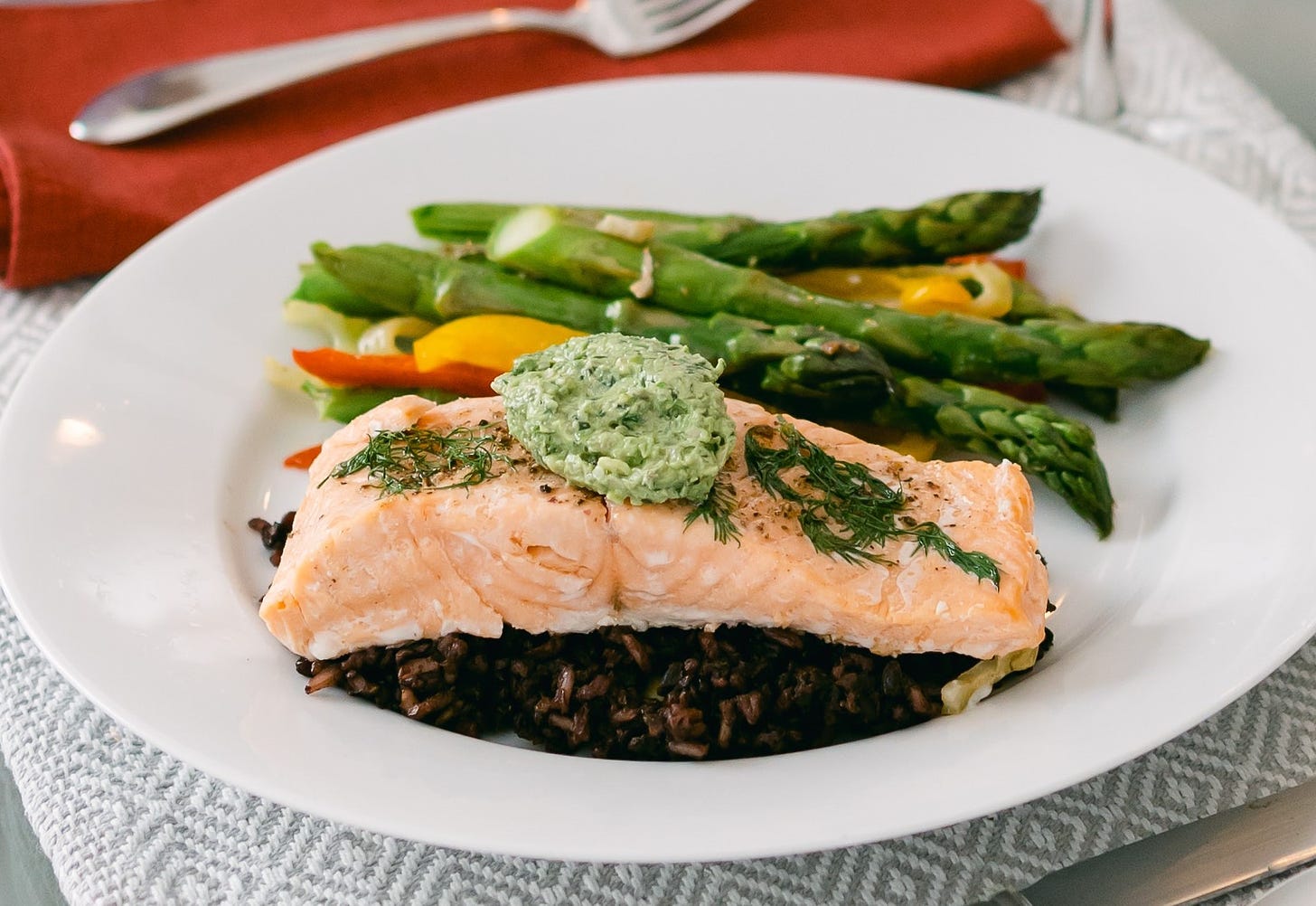 Roasted Salmon with Creamy Pesto, with Black Rice and Asparagus Medley
