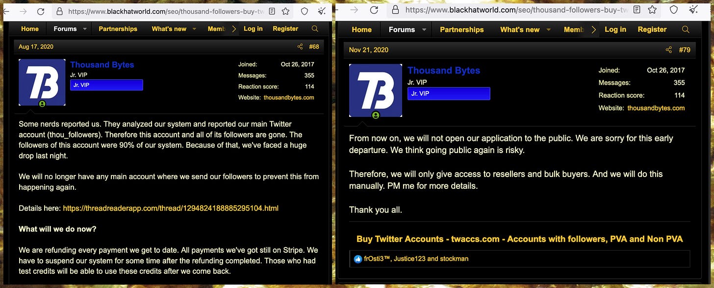 screenshots of two BlackHatWorld posts from "Thousand Bytes"