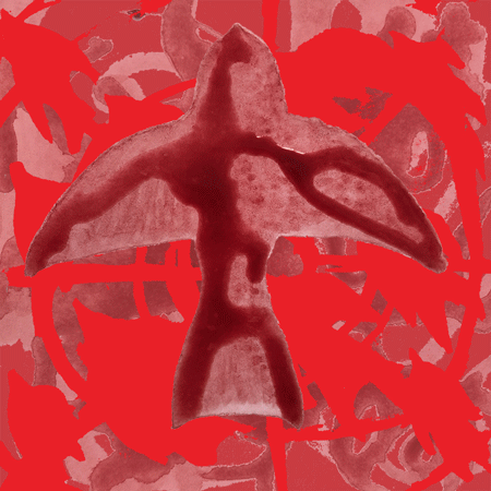 An animated loop of a bird painted in blood over a flashing changing background, all red.