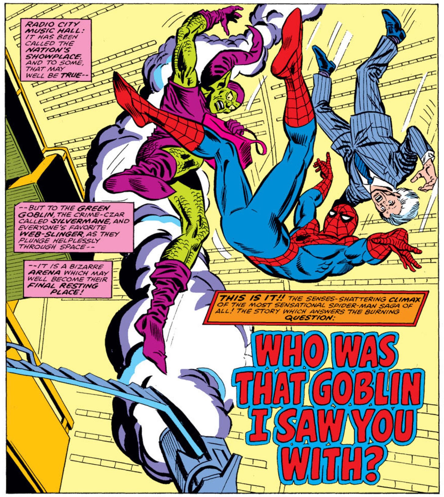 Page one of Amazing Spider-Man number 180, with Spider-Man, Green Goblin, and Silvermane all in freefall